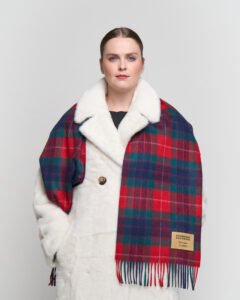 An artistic collage of Scottish tartan patterns blended with traditional Chinese festive symbols like lanterns and gold coins.